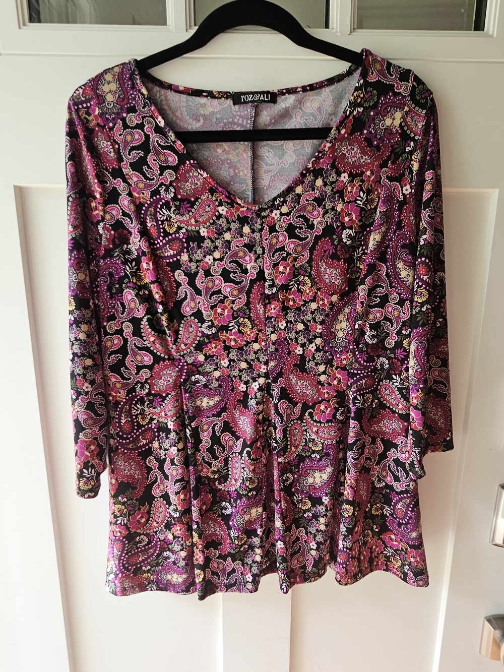 Roz & Ali  ~ Pink & Black Paisley V-Neck Tunic